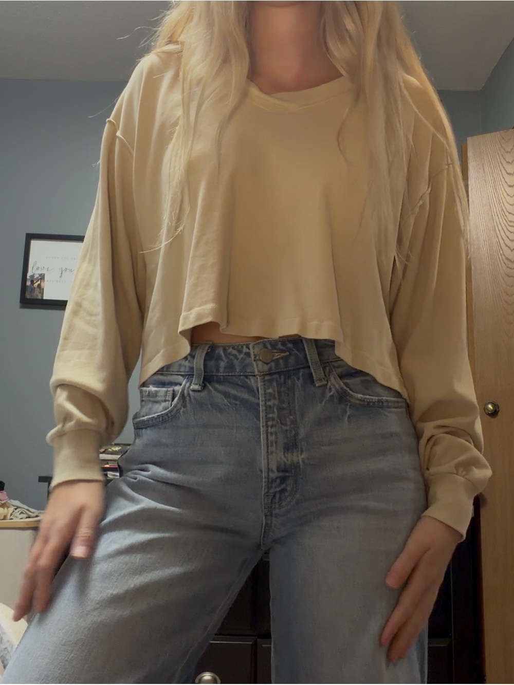 Double Zero Cropped Long-Sleeve Tee in Light Beige